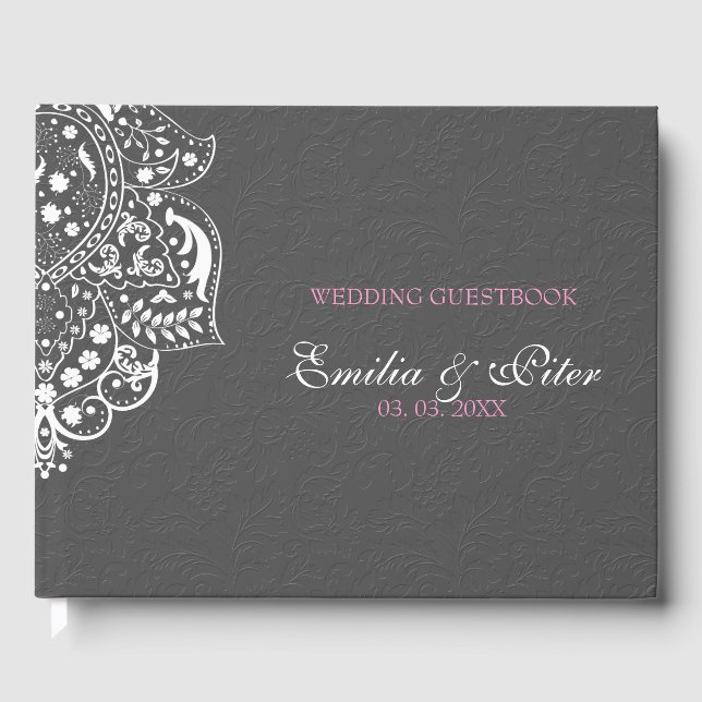 Floral Gray Damask White Mandela Guest Book (Front)