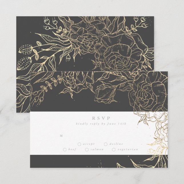 Floral Gray Iron Ore Gold Elegant Pampas Wedding RSVP Card (Front/Back)