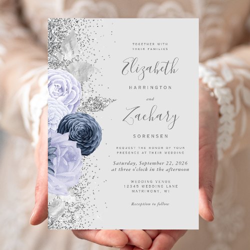 Floral Gray Navy Blue Lilac Silver Wedding Invitation