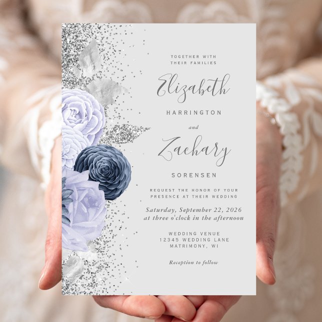 Floral Gray Navy Blue Lilac Silver Wedding Invitation (Creator Uploaded)