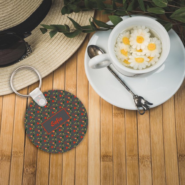 Floral gray pattern wildflowers name Keychain (Creator Uploaded)