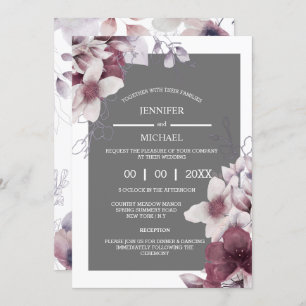 Floral gray purple botanical wildflower blossoms invitation