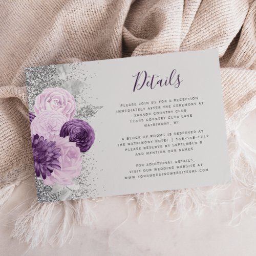 Floral Gray Purple Silver Wedding Details Enclosure Card