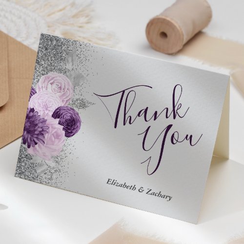 Floral Gray Purple Silver Wedding Thank You Card