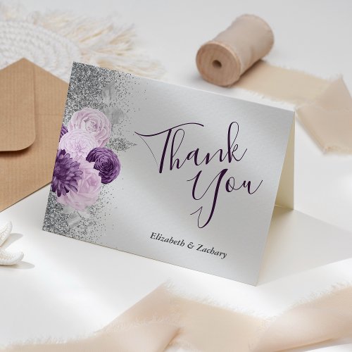 Floral Gray Purple Silver Wedding Thank You Card