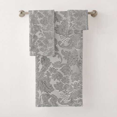 Floral Gray Texture Damask Bath Towel Set