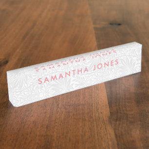 Floral Gray White Classic Personalized Desk Name Plate