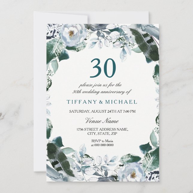 Floral Green 30th Wedding Anniversary Invite (Front)