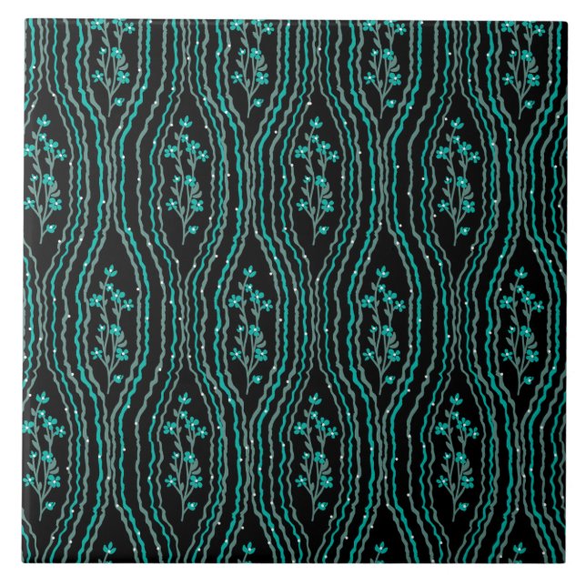 Floral Green and Black Ceramic Tile (Front)