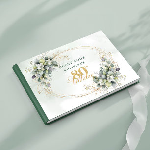 Floral Green and Gold 80th Birthday Sign In Book
