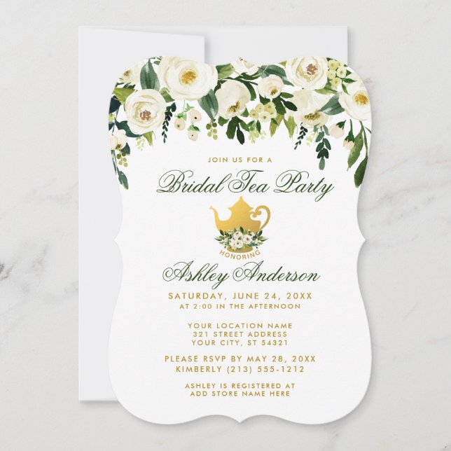 Floral Green and Gold Bridal Tea Party Invite (Front)