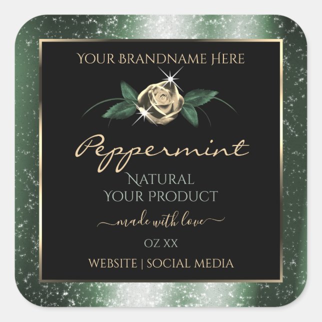 Floral Green and Gold Frame Black Product Labels (Front)