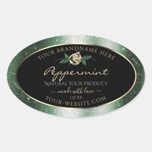 Floral Green and Gold Frame Black Product Labels