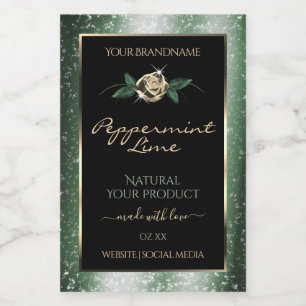 Floral Green and Gold Frame Black Product Labels