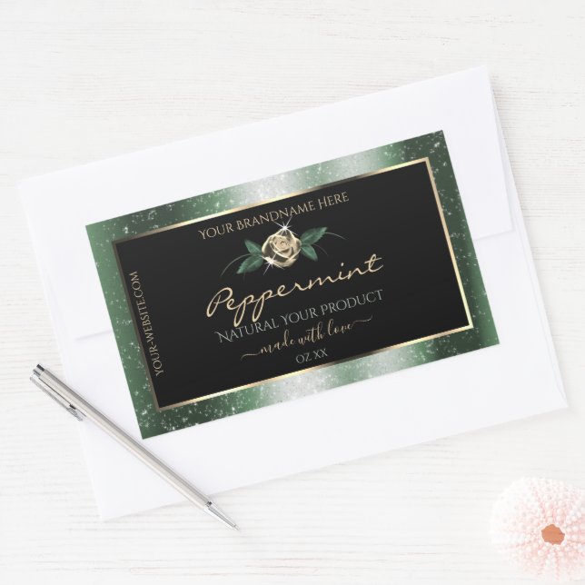 Floral Green and Gold Frame Black Product Labels (Envelope)