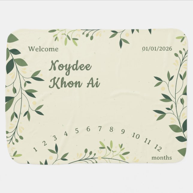 Floral Green and Yellow Leaves, Milestone Baby Blanket (Horizontal)
