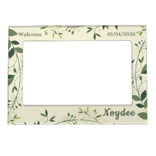 Floral Green and Yellow Leaves, Name, Birthday Magnetic Frame