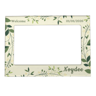 Floral Green and Yellow Leaves, Name, Birthday Magnetic Frame