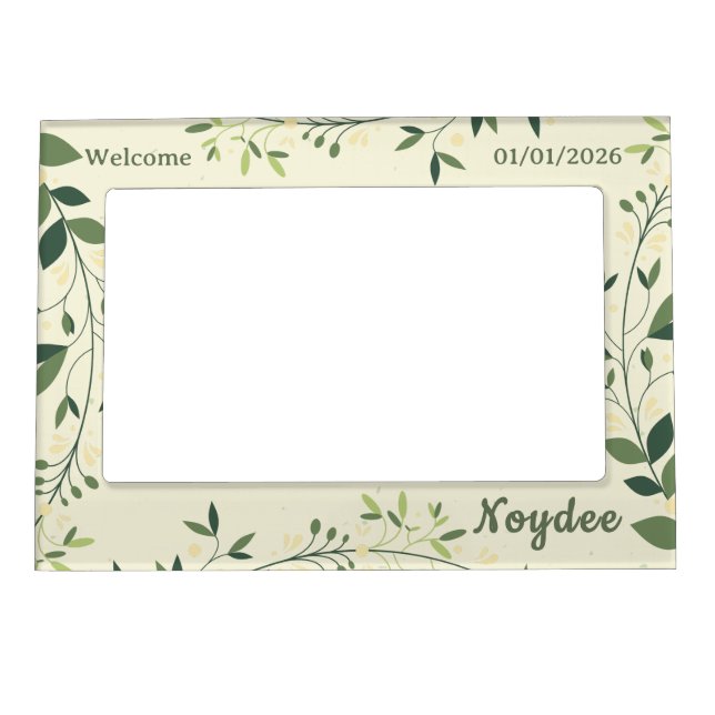 Floral Green and Yellow Leaves, Name, Birthday Magnetic Frame (Front)