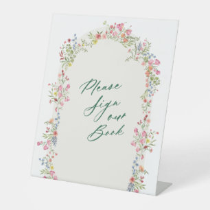 floral green arch guest book wedding pedestal sign