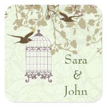 floral green bird cage, love birds envelope seal
