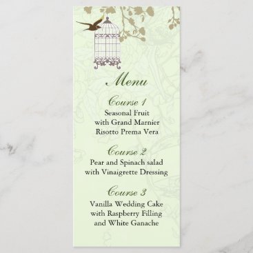 floral green bird cage, love birds Menu Cards