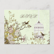 floral green bird cage, love birds RSVP Invitation Postcard