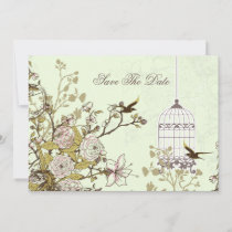 floral green bird cage, love birds save the dates save the date