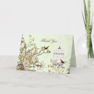floral green bird cage, love birds Thank You Card