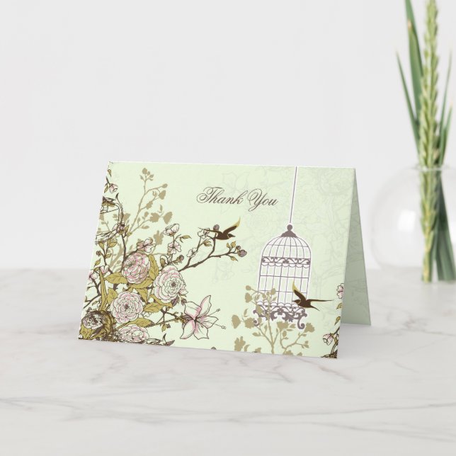 floral green bird cage, love birds Thank You Card (Front)