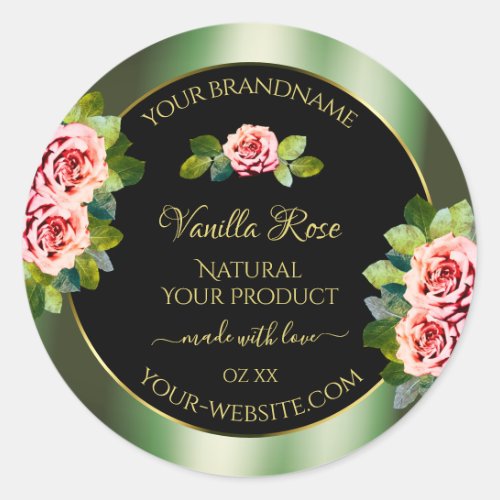 Floral Green Black Gold Product Labels Pink Roses