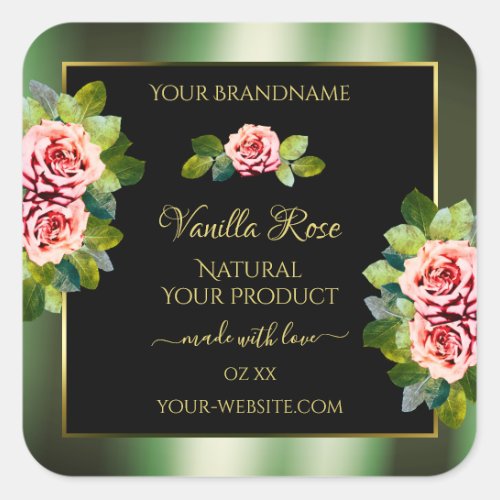 Floral Green Black Gold Product Labels Pink Roses