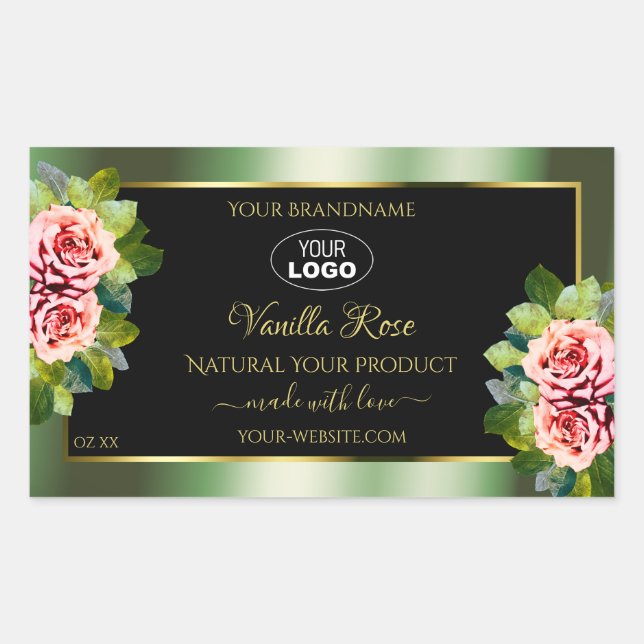 Floral Green Black Product Labels Pink Roses Logo (Front)