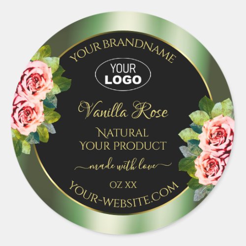 Floral Green Black Product Labels Pink Roses Logo