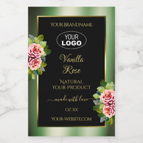 Floral Green Black Product Labels Pink Roses Logo