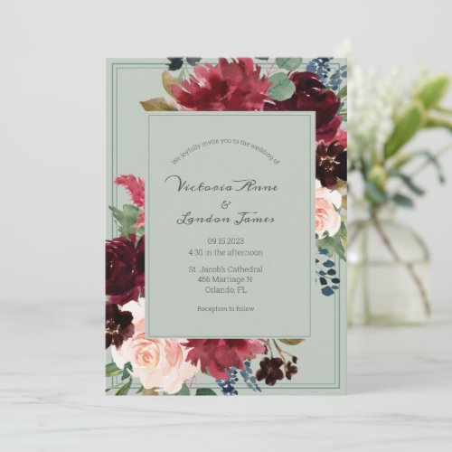Floral Green Blush Elegant Script Wedding  Invitation