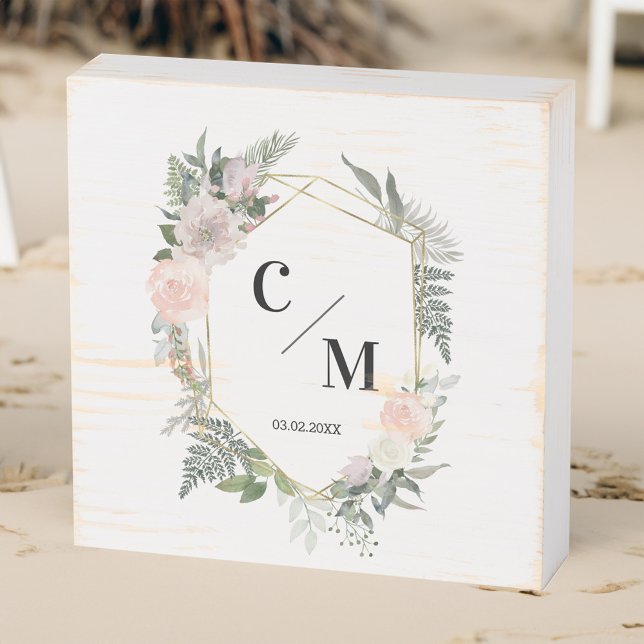 Floral Green Blush Monogram Wedding Keepsake Wooden Box Sign (Creator Uploaded)