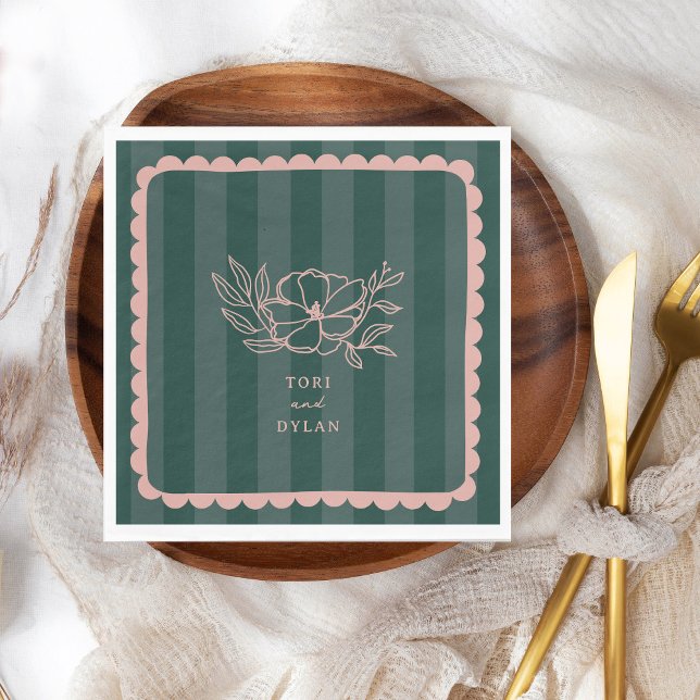 Floral Green Botanical Stripe Wedding Napkins (Creator Uploaded)