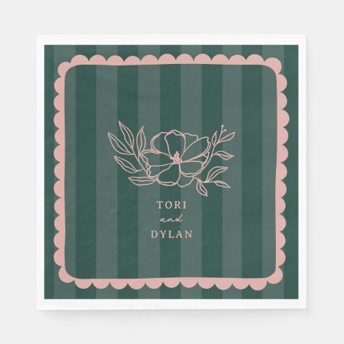 Floral Green Botanical Stripe Wedding Napkins