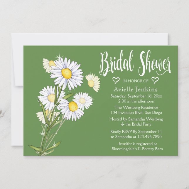 Floral Green Bridal Shower White Daisy Flowers Invitation (Front)