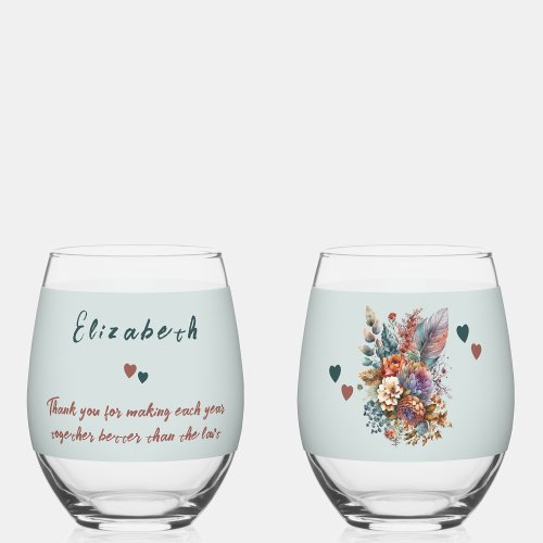 Floral green copper wife anniversary gift stemless wine glass