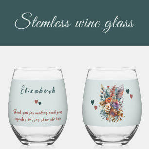 Floral green copper wife anniversary gift stemless wine glass