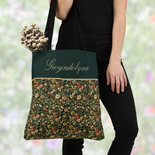 Floral Green Cream William Morris Inspired w Name Tote Bag