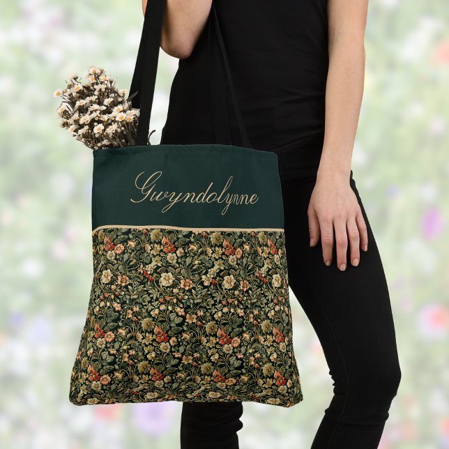 Floral Green Cream William Morris Inspired w Name Tote Bag (Creator Uploaded)