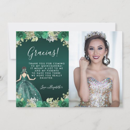 Floral Green Dress Birthday Photo Quinceanera Thank You Card
