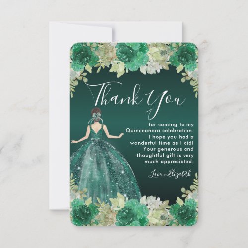 Floral Green Dress Birthday Quinceanera Thank You Card