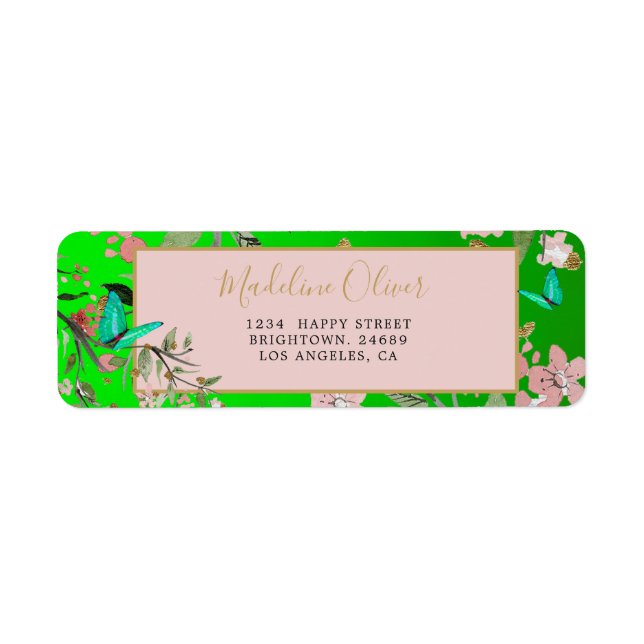 Floral Green Elegant Pink Formal Gold Chinoiserie Label (Front)