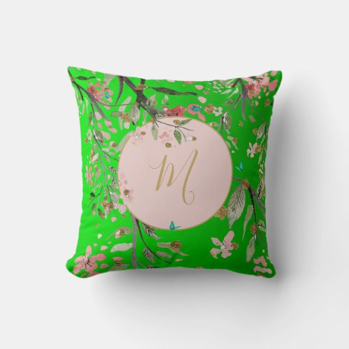 Floral Green Elegant Pink Gold Chinoiserie Throw Pillow