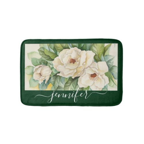 Floral Green Elegant White Magnolia Flowers Name Bath Mat