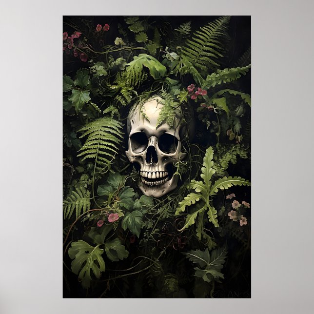 Floral Green Fern Skull Portrait Print, Dark Poster (Front)